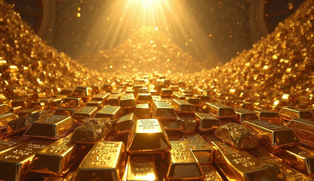 A realistic scene of a treasure vault filled with an enormous mountain of gold bars. The gold bars are stacked chaotically, creating a majestic and overwhelming sense of wealth. Bright light shines from above, illuminating the shiny, reflective surfaces of...