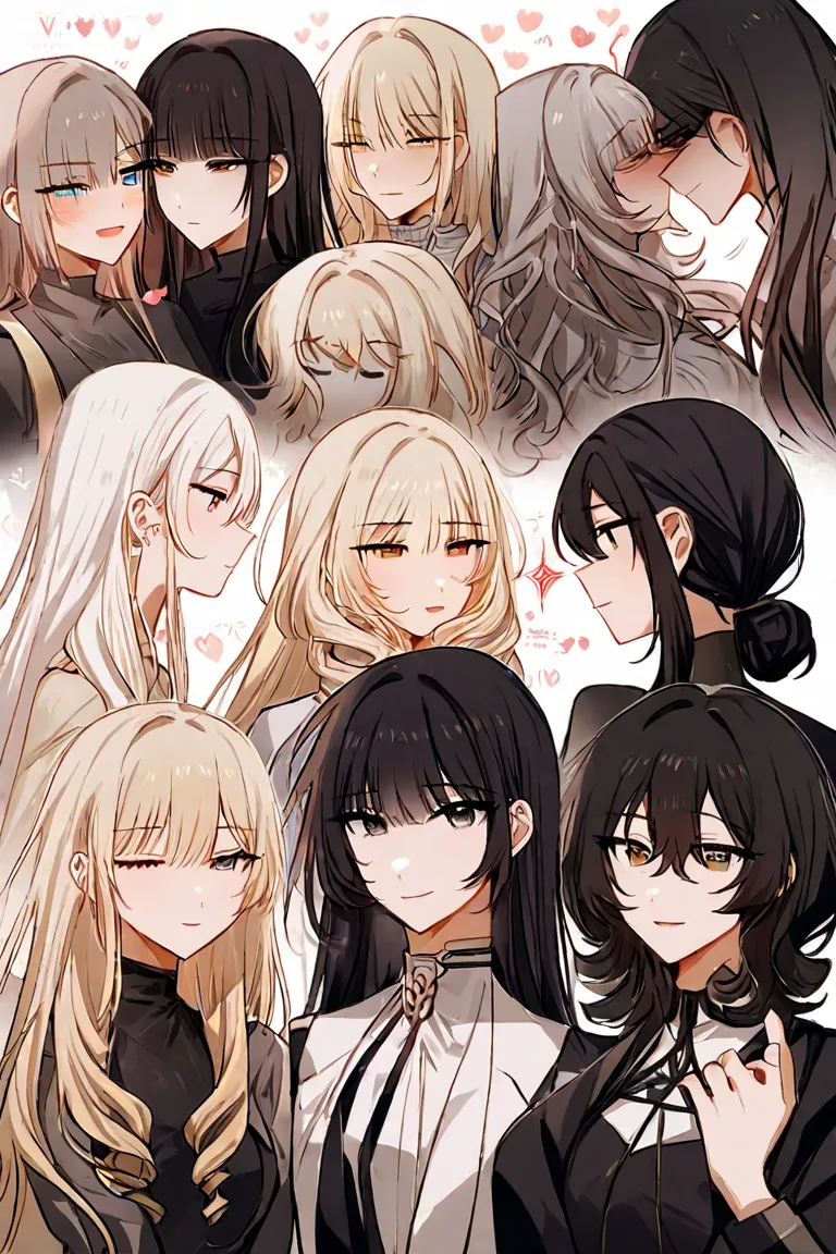  girls on the left2人(  character for V21（ girls on the left、 light beige hair、 shoulder length、The tips of the hair curl inward）、 character for V2２（woman、long black hair、Sophisticated and neat face）)、so close that our breaths seem to touch each other、In si...