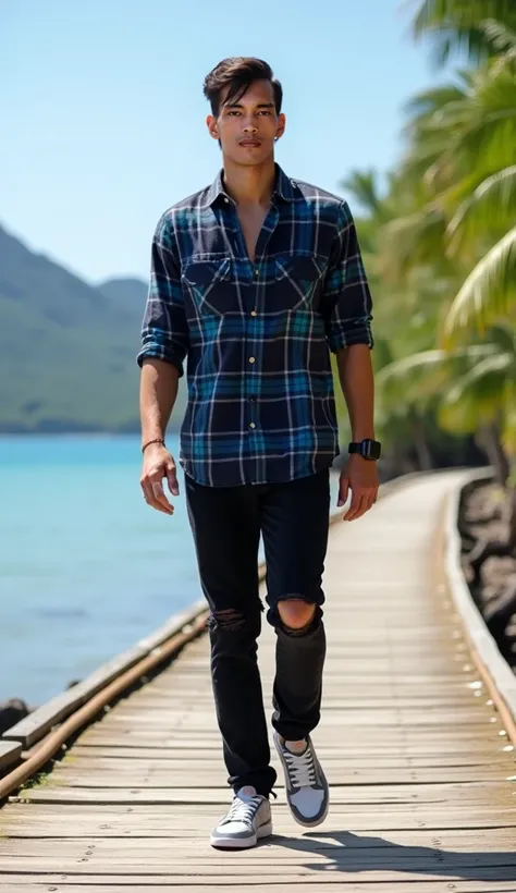 full-length photo of a young man with tanned skin tone, facial details, skin texture and straight hair styled with a side parting. wearing a medium-length plaid button-down shirt in a dark blue combination with light blue, wearing black ripped long jeans, ...