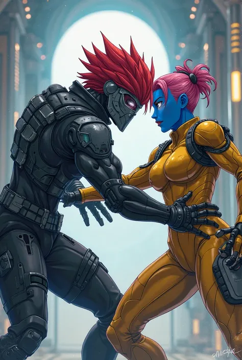 anime style, male character wearing tactical suit and metallic covid mask, red hair fighting with boy blue skin, man bun pink hair with one robotic arms wearing yellow suit, futuristic temple