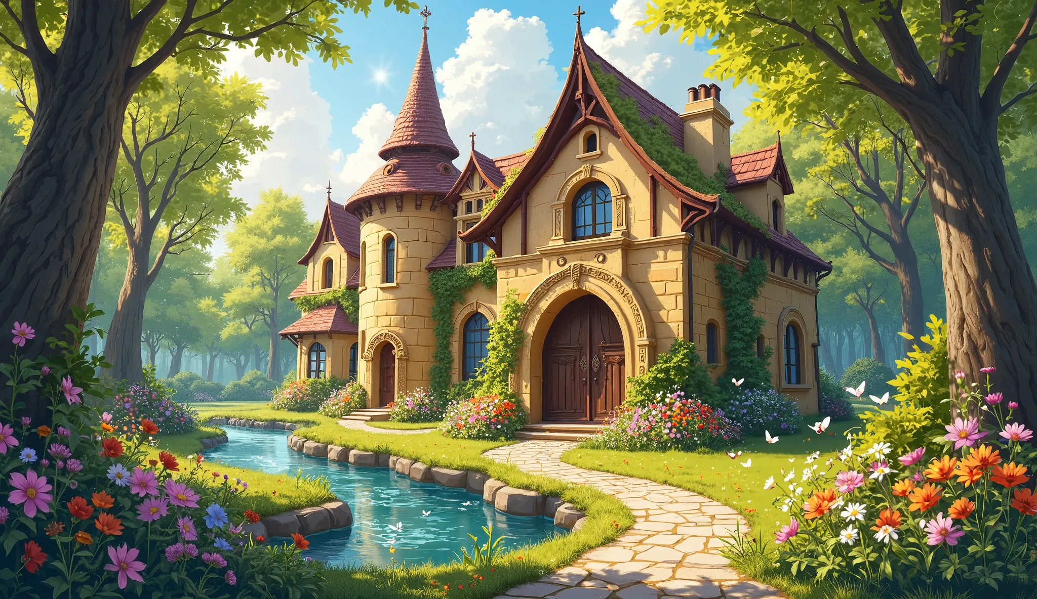 Create a vibrant illustration of a grand medieval fantasy manoir situated in a sun-drenched, blooming woodland during spring. The manoir, constructed from warm, golden stone, features elegant arches, intricate carvings, and a charming thatched roof adorned...