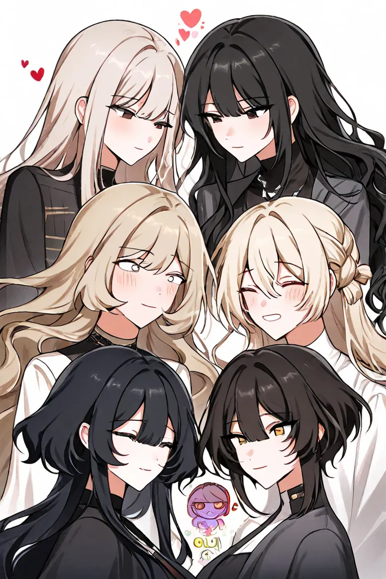  girls on the left2人(  character for V21（ girls on the left、 light beige hair、 shoulder length、The tips of the hair curl inward）、 character for V2２（woman、long black hair、Sophisticated and neat face）)、so close that our breaths seem to touch each other、In si...