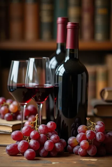 This evocative image captures a beautifully arranged scene of a wine tasting setting in a vintage style. The central focus is a bottle of red wine alongside a half-filled glass, surrounded by a bunch of fresh grapes resting on aged books. In the background...