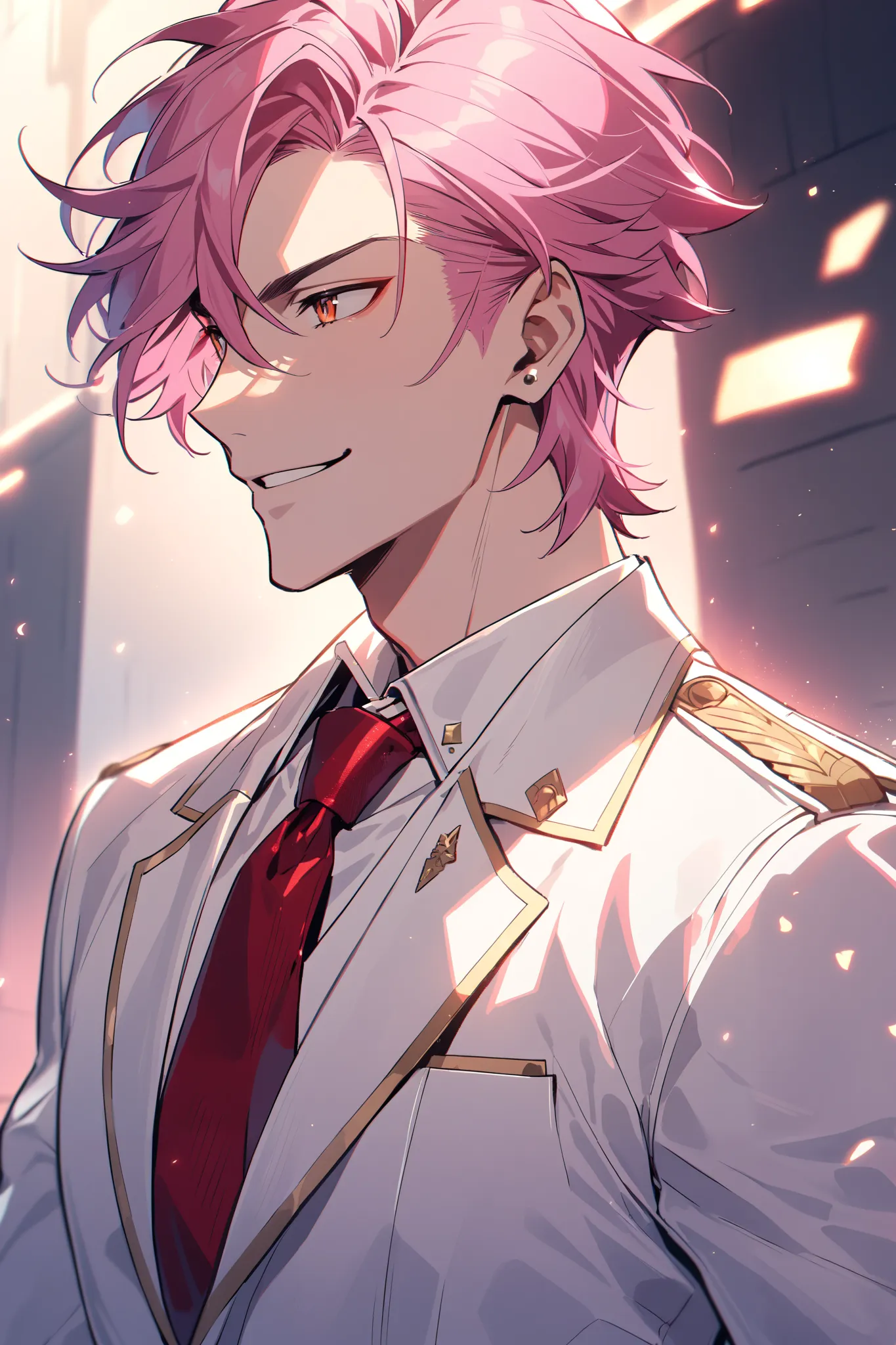 1 handsome man, short messy wild pink hair, white military uniform suit, white undershirt blouse, 25 years old, red tie athletic build, look away, golden eyes, cool smile, nonchalant expression, bad boy