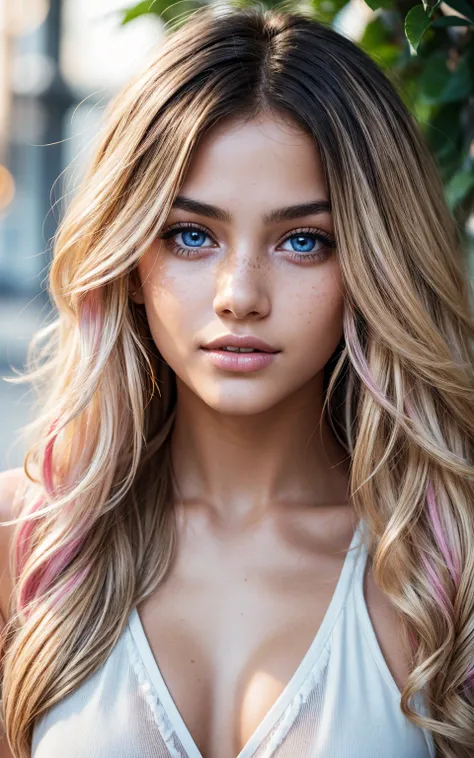 19yo student, detailed wavy layered blonde hair with bright pink highlights, hair curls, hair brushed to one side, perky, innocent look, young woman, enticing, seductive, textured skin , beautiful detailed blue eyes, beautiful detailed lips, extremely deta...