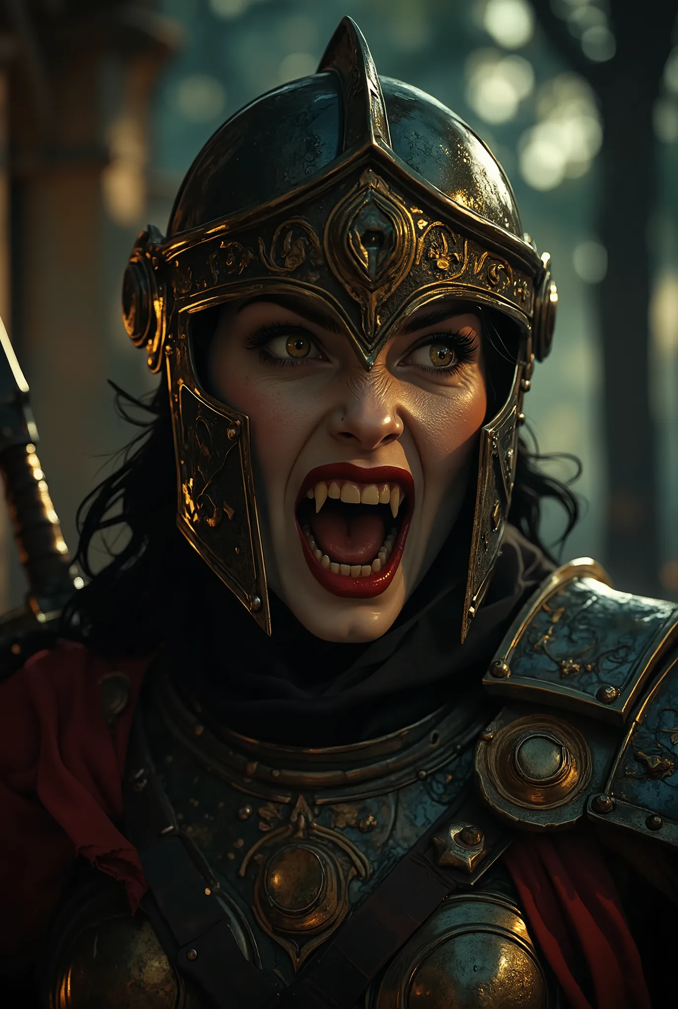 queen Vampire warrior with large pointed teeth wearing Spartan armor, with an open mouth showing large, pointed teeth, large pointy teeth protruding in your mouth ,  soldier, night, She's wielding a sword ,  High quality,  8k quality,  a very detailed face...