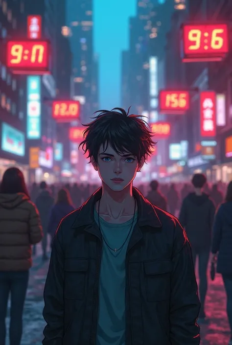 A crowded city street, bustling with pedestrians walking in different directions. Above each person's head, glowing ethereal timers float, counting down their remaining lifetime. Some display days, others mere minutes, casting a haunting neon glow onto the...