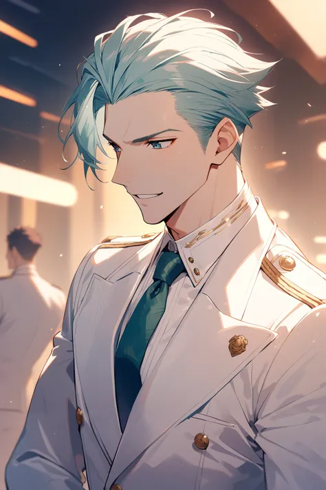 1 handsome man, short light teal hair, hair is slicked back and ruffled, white military uniform suit, white undershirt blouse, 25 years old, athletic build, look away, blue eyes, cool smile, nonchalant expression, not smiling, green tie