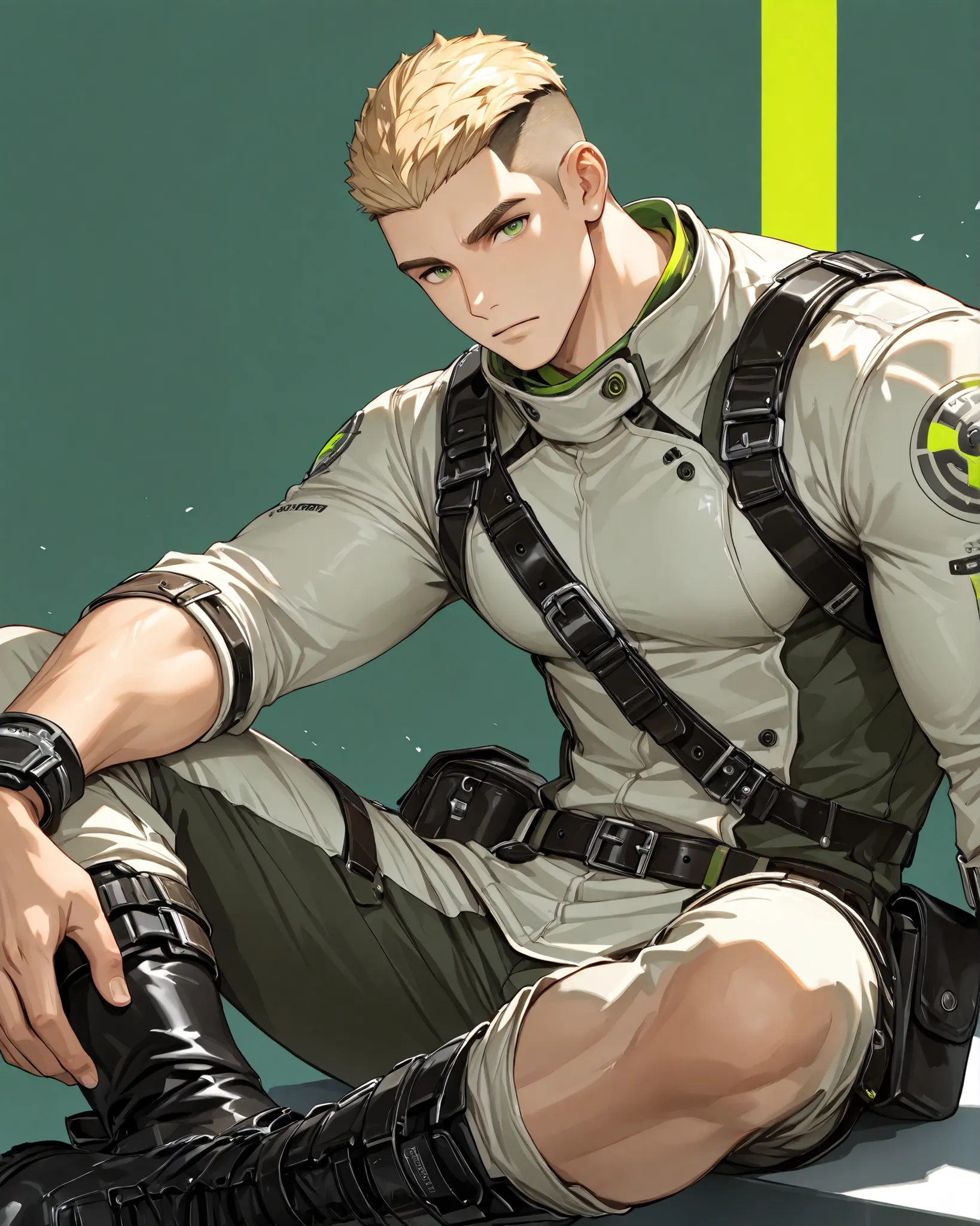 1boy, 28 yo, tall and muscular, blond hair, crew cut hair, green eyes, precise eye detail, wearing practical outfit: (color, muted green), black boots, belt bag, sitting, portrait, dynamic background, ultradetail, absurdres, looking at viewer