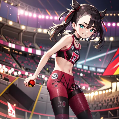 masterpiece, best quality, highres, hmmarnie, aqua eyes, black choker, red ribbon, earrings, jewelry, midriff, sports bra, bare shoulders, pants, leggings, standing, cowboy shot, stadium, holding poke ball, poke ball \(basic\), evil grin,