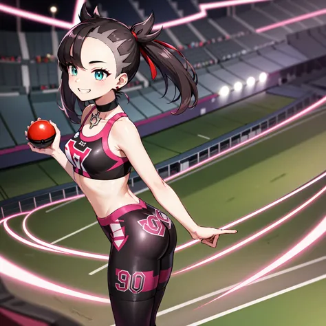 masterpiece, best quality, highres, hmmarnie, aqua eyes, black choker, red ribbon, earrings, jewelry, midriff, sports bra, bare shoulders, pants, leggings, standing, cowboy shot, stadium, holding poke ball, poke ball \(basic\), evil grin,