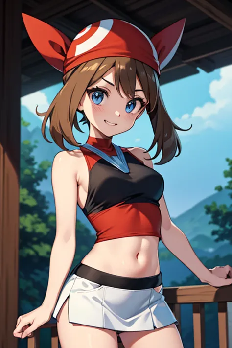 adult_may_from_pokemon, (red high_neck_halter_top | bare shoulders | neckholder | long_top), Pokeball in hand, (short_white_and_blue_miniskirt | pleated), very_small_midriff, brown hair, red bandana, blue eyes, motivated pose, pokeball_in_hand, outside, sk...