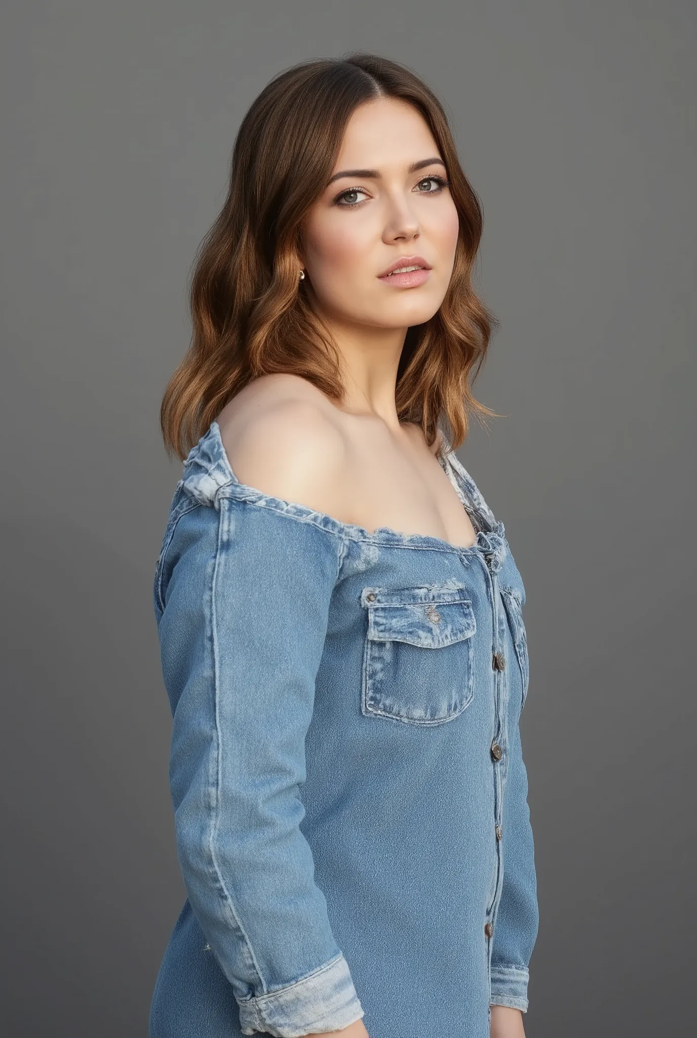 best quality, highres, 8k, masterpiece, photography, detailed midbody photorealistic portrait. Mandy Moore modelling a blue denim jumpsuit for Vanity Fair, styled braless to highlight the clean lines of the design. The jumpsuit features a relaxed fit and r...