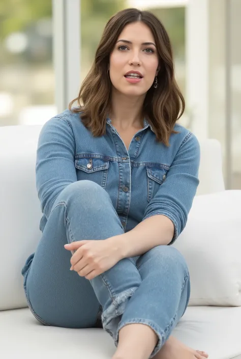 best quality, highres, 8k, masterpiece, photography, detailed midbody photorealistic portrait. Mandy Moore modelling a blue denim jumpsuit for Vanity Fair, styled braless to highlight the clean lines of the design. The jumpsuit features a relaxed fit and r...