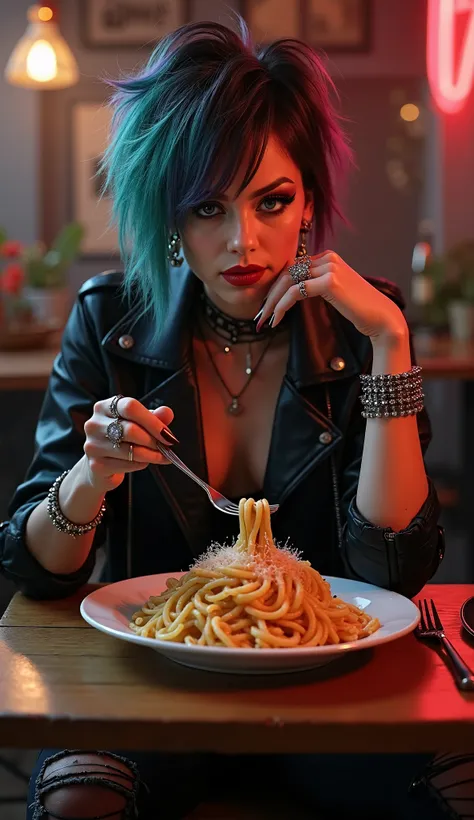 Rocker girl 
sitting in black and eating pasta