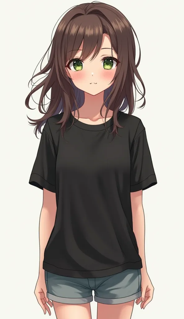 1 girl [appearance= "green eyes", "sweet smile", " long messy brown hair ", "delicate skin", "height: 162 cm "] [Clothes= " black t-shirt", "shorts"] (Full Body Plane) 4K anime illustration,  Precise,  super detailed ,  tall details , dementia,  High quali...