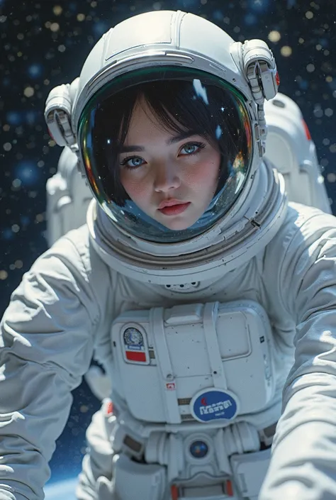 a female cosmonaut taking  in very beautiful space. She has a white spacesuit, and white gloves, and her head is inside a transparent helmet, masterpiece, best quality, highly detailed face, perfect lighting, 