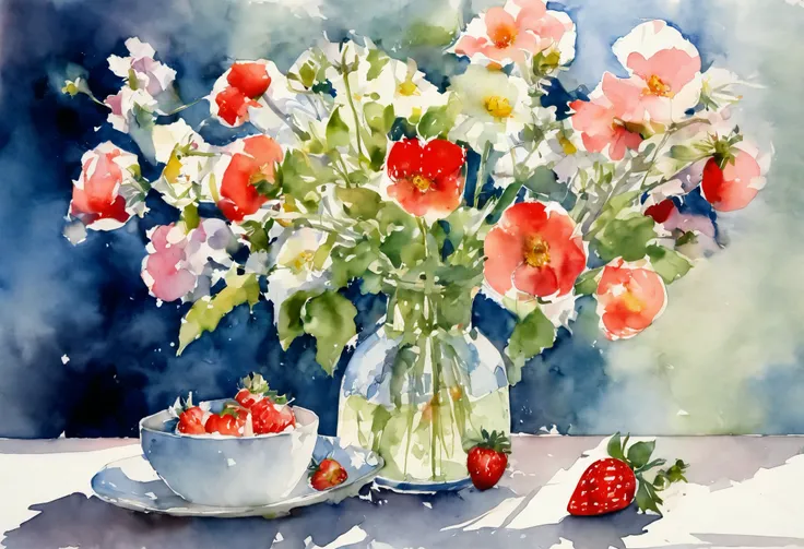 there is a painting of a Flowers in a Vase in it, François Boquet, woman holding a strawberry and ice cream sundae ,  Instagram ,  romanticism , watercolor画 on paper, Flowers in a Vase, 私はFlowers in a vaseを夢見る, watercolor画, watercolor画 on 紙, watercolor画, F...