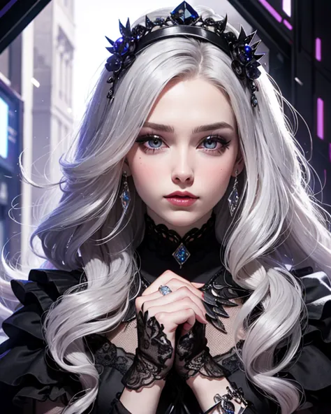 Masterpiece, a hyperrealistic portrait of a young woman, silver hair, extremely long and wavy, unique heterochromia eyes, left eye amethyst, right eye rose quartz, gothic makeup, her left hand delicately touching her cheek, wearing a multitude of sparkling...