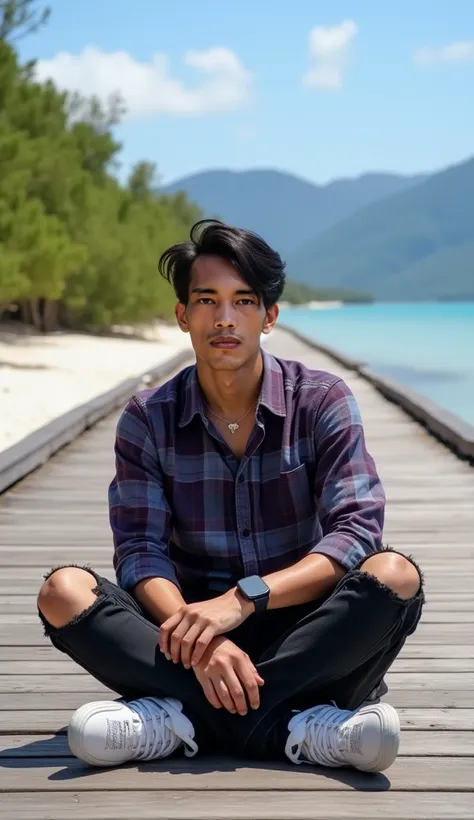 full-length photo of a young man with tanned skin tone, facial details, skin texture and black straight hair styled with a side parting. wearing a medium-length plaid button-down shirt in a dark purple combination with light blue, wearing black ripped long...