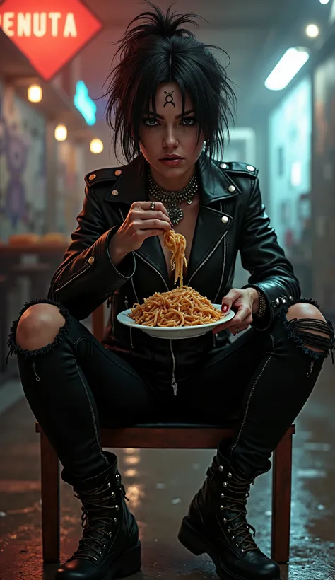 
Rocker girl 
dressed in black sits and eats pasta