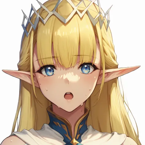  score_9, score_8_up, score_7_up  ,It will be_Ashley Rain, 1 girl, blonde hair,  blue eyes, Alone,  pointed ears , Elf,  long hair,  open your mouth, white background on hand hair, shading face, bangs, chest, simple background, tiara, Sweat drops