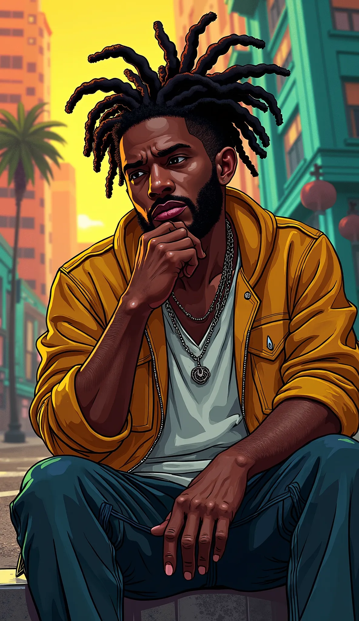 Create high-quality GTA cartoon-style image, Comic book style , of a Jamaican with Rastafarian hair , sitting, THOUGHTFUL