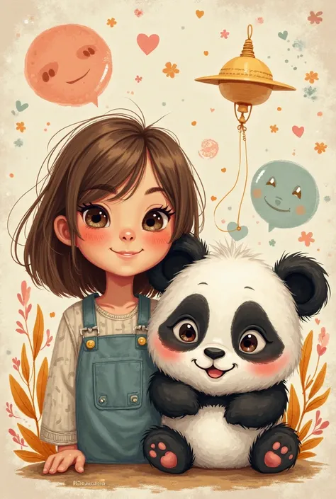 Folder like Pixar drawings.  With straight brown hair at shoulder length next to your friend, a cute panda bear 