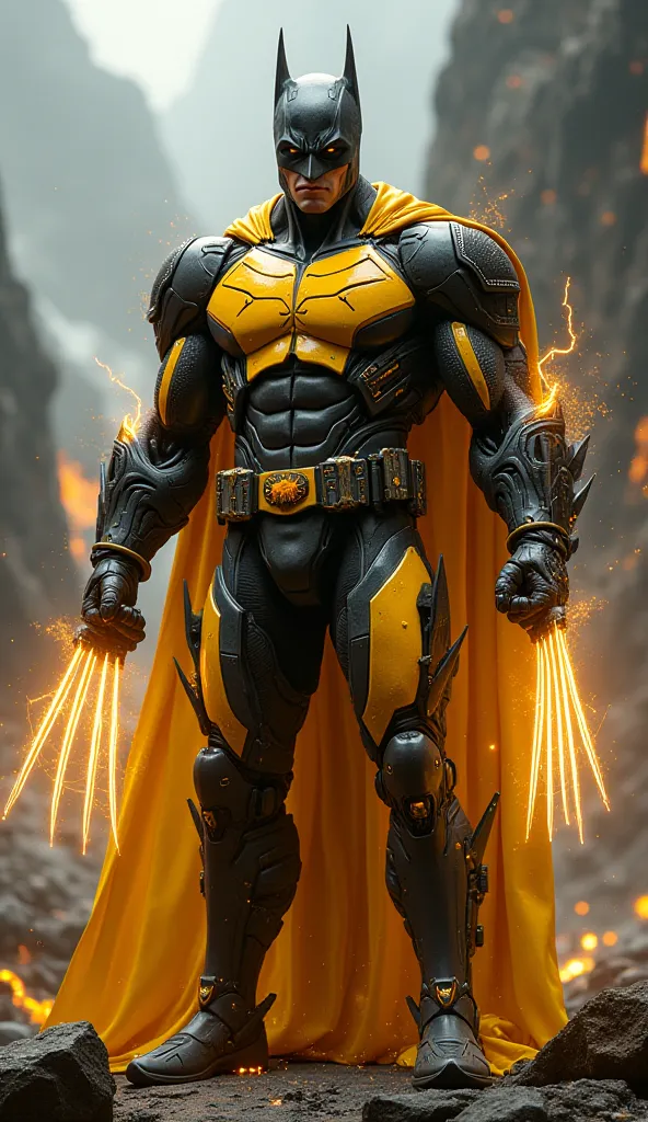 fusion of batman with Wolverine, cybernetics, high-tech, ultra realistic, 16k, Standing tall, mountainous lava background, blurred background, yellow energy, firing lightning at the background, ferocious, Muscular body, Dark Yellow Color, sharp Wolverine C...