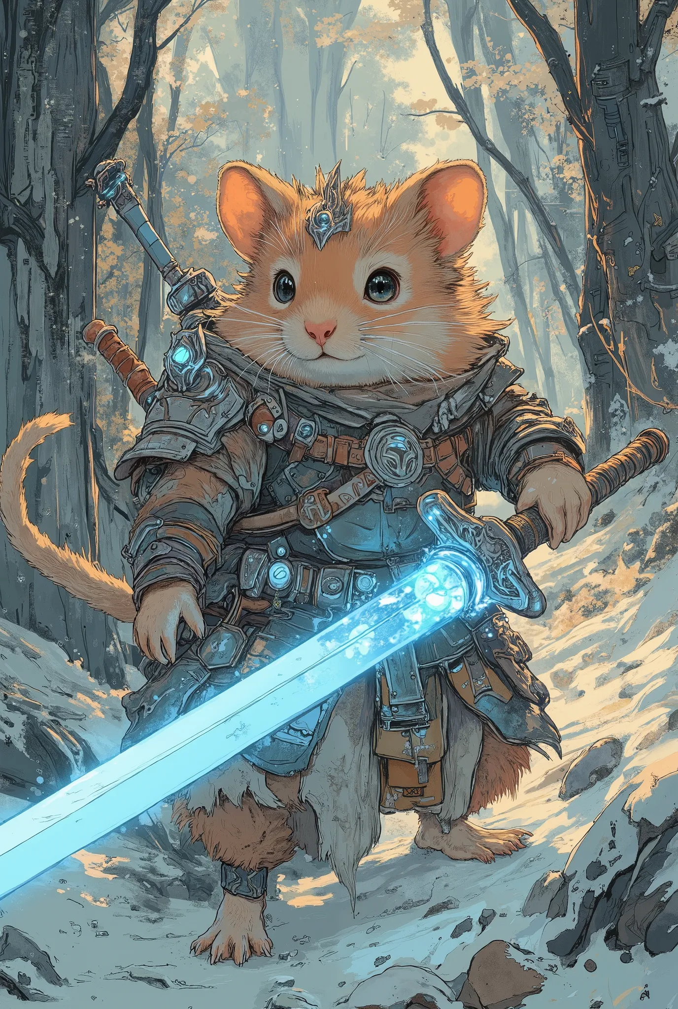 hamster dressed like the dragonborn from skyrim,  masterpiece, best quality, Super Detail,an epic,4K,snowy forest ,  wears fur armor ,  holding a glowing blue sword, In fantasy art style,  cinematic light , ultradetailed,  8k resolution ,((nimmt eine an ep...