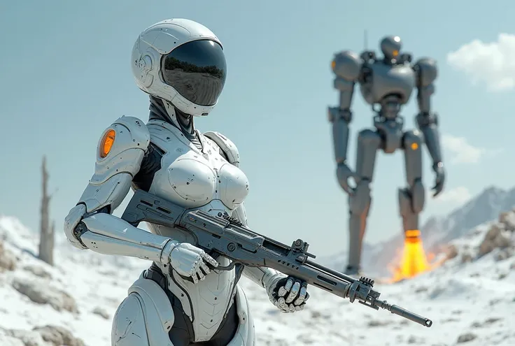 futuristica woman Armor white standing helmet glass gun ak 47 motorcycle rocket ice desert by robot gun big black yellow standing body 