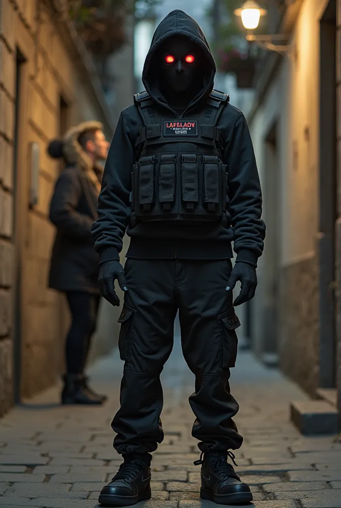  27-year-old boy with a faceless hoodie and red eyes ,   bulletproof vest ,  Nike Dunk Low black sneakers black pants,  black gloves,  ,  A track written behind written My Neighborhood My Rules Maas, Ciutat Vella Barcelona, a prostitute in the background