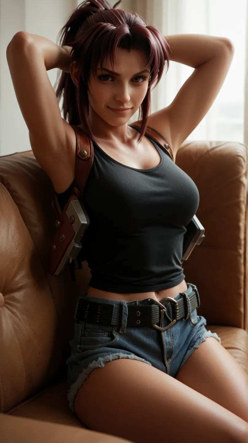 (masterpiece, best quality:1.2), solo, 1girl, revy, smirk, looking at viewer, sitting, arms behind head, couch, ponytail, tank top, denim shorts, belt, holster 