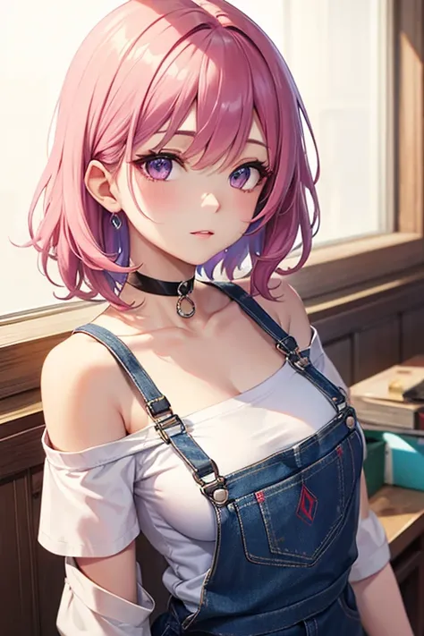 bust shot, female,  pink hair, short-length hair, wavy hair,  purple eyes, a blue overalls,  white t-shirt,  off shoulder, Choker, medium breasts