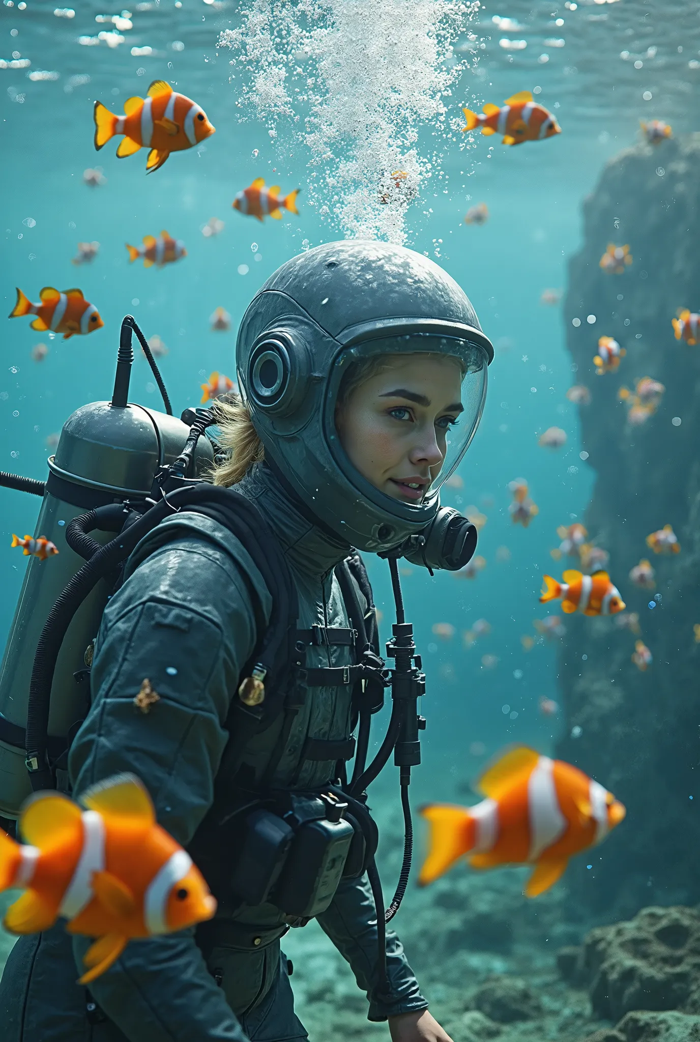 (masterpiece:1.2,Distinguished Quality,Mirror-like,Cinematic Experience),8k,wallpaper,,(A beautiful woman wearing a gray latex space body fit suit with oxygen tank for underwater exploration interacts with very beautiful Tropical fish clownfish of various ...