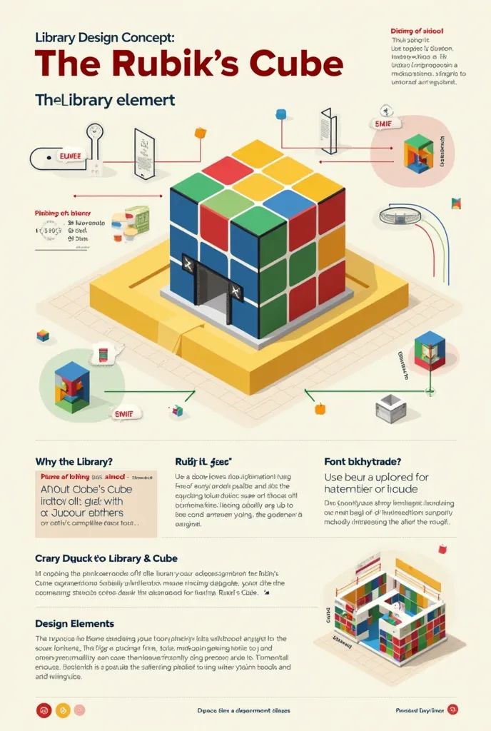 Title: Place your title at the top in bold, large font to make it stand out. The title could be something like "Library Design Concept: The Rubik's Cube."
Subheading or Brief Introduction: Below the title, include a small introductory sentence that explain...