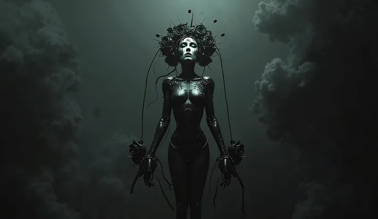 cyberpunk woman robot crying black blood , floating in the air with a black led halo on the head and black evil roseson the head, night ghotic photo art, strong cinematic led lights on the background, totally strong black background, black smoke
