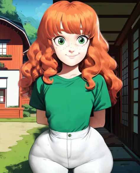 ((Cute short girl,short girl,ginger long middle-wavy hair,orange long ginger hair,green eyes,full bangs,long hair,freckles,light-fair skin,wearing dark-green top,white pants,wide hips,flat tits)),(((Background of japanese house,stand,normal mood,front view...
