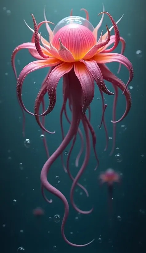 create , creative,  abstraction, a flying creature that combines the shape of a lily flower and an octopus and a sea cuttlefish is a realistic flying creature,  ,  flower-like , and cuttlefish dome  .  the petals are elongated ,  of bright colors  \ , inne...