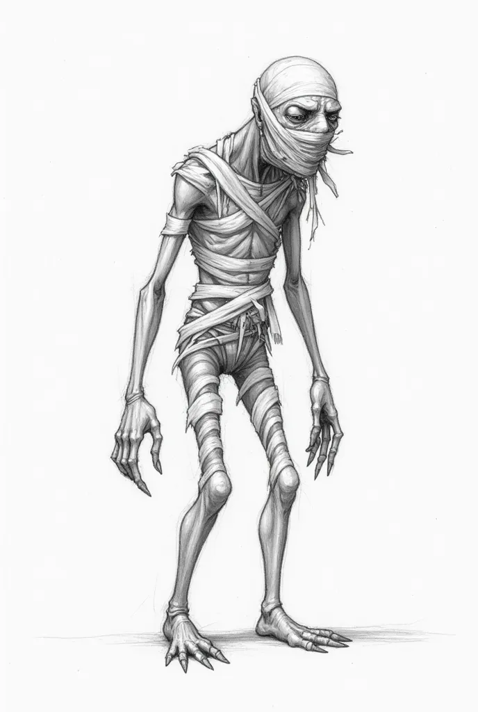 Draw an armless and stunted creature with bandages on its face, Do the pencil-style drawing