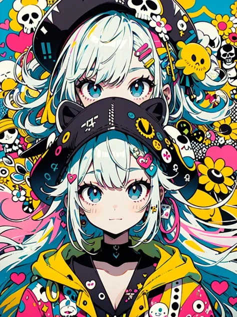 Adorable woman with Takashi Murakami style 、"cute,  beautiful,  adorable girl in pink clothes ,   yellow,  and an adorable woman in a baby blue color scheme.  She wears a skull-patterned costume with a female pirate motif.。.。.。.... Stylish hats, rock、 with...