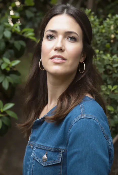 best quality, highres, 8k, masterpiece, photography, detailed midbody photorealistic portrait. Mandy Moore modelling a blue denim jumpsuit for Vanity Fair, styled braless to highlight the clean lines of the design. The jumpsuit features a relaxed fit and r...