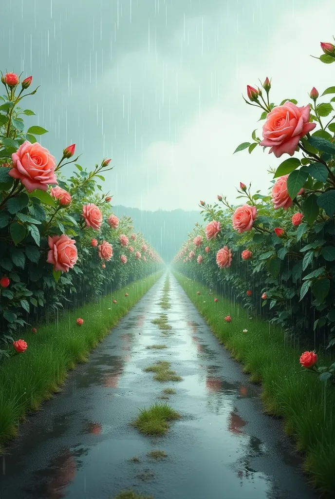 A road with roses on both sides and the sky is raining