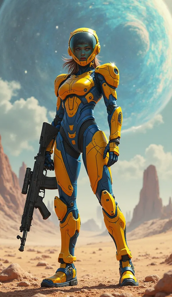 futuristica woman Armor yellow blue helmet glass gun ak 47 standing body galaxy space desert from Malaysia 