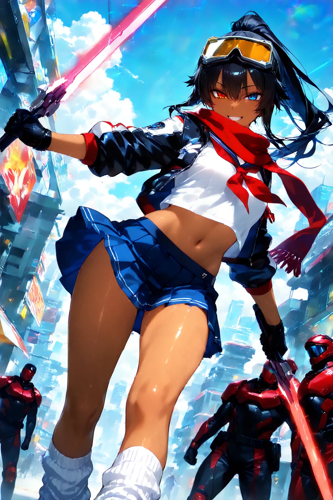 score_9, score_8_up, score_7_up, score_6_up, score_5_up, score_4_up,anime artwork masterpiece,best quality, unreal engine, ultra res, extremely detailed, One Girl,black hair,high ponytail hair,heterochromia,,tan skin,soldier goggles on head,blue sailor sui...