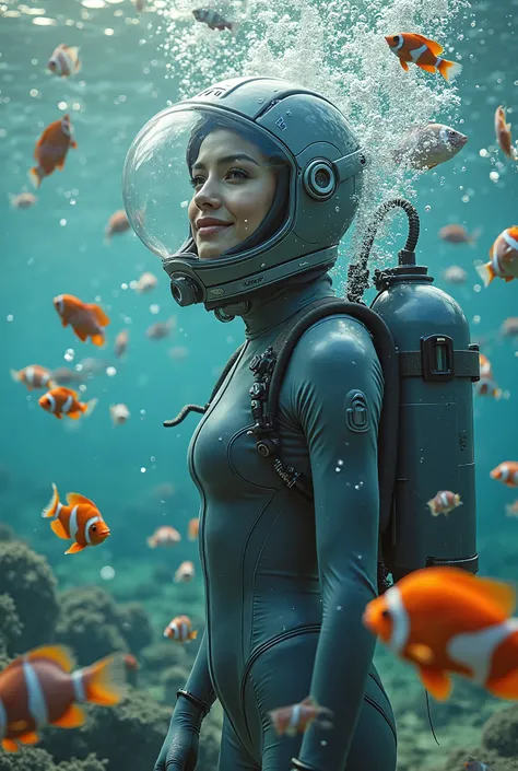 (masterpiece:1.2,Distinguished Quality,Mirror-like,Cinematic Experience),8k,wallpaper,,(A beautiful woman wearing a gray latex space body fit suit with oxygen tank for underwater exploration interacts with very beautiful Tropical fish clownfish of various ...