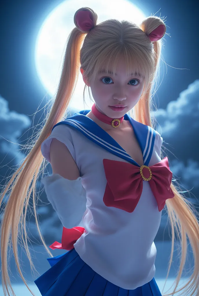 cinematic lighting, Ultra High Definition,  masterpiece,  accurate, Super Detail,  Advanced Details, high quality, Award-winning, Highest品質, Highest, 16k, detailed faces,  realistic textured skin, Sailor Moon, Sailor uniform , The background is a full moon...