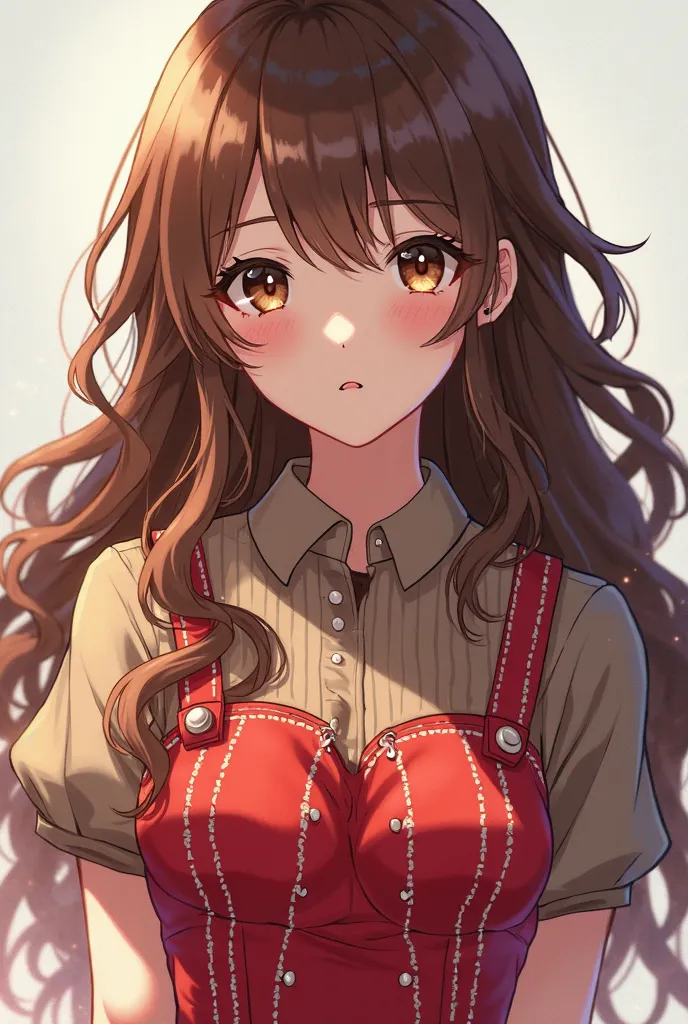 Anime girl with brown hair and long wavy hair, shiny and brown eyes, wearing a red dress with white and stitched lines, with a brown shirt