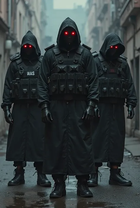 faceless hooded gang robbers red eyes,  black gloves, bulletproof vests, black pants with the word Maas,  Nike Dunk Low black and Jordan black sneakers