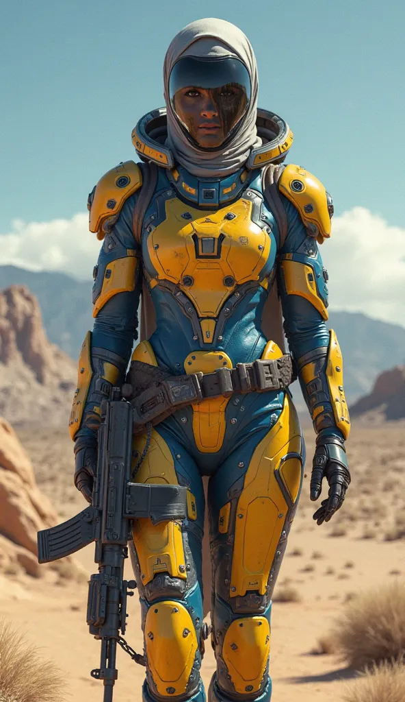 futuristica woman hijab Amira Armor yellow blue helmet glass gun ak 47 standing body galaxy space Patagonian desert from Malaysia 